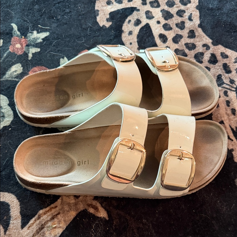 Madden Girl Bodee Sandal - White Patent Buckle Slide Sandals